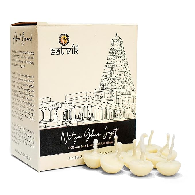 Bulk Pack of 100 Pure Ghee Diya Wicks (Wax Free), perfect for temples, festivals, and daily pooja. Handmade and eco-friendly for a pure, sacred glow. India’s Largest Pooja Accessories Brand – www.satvikstore.in
