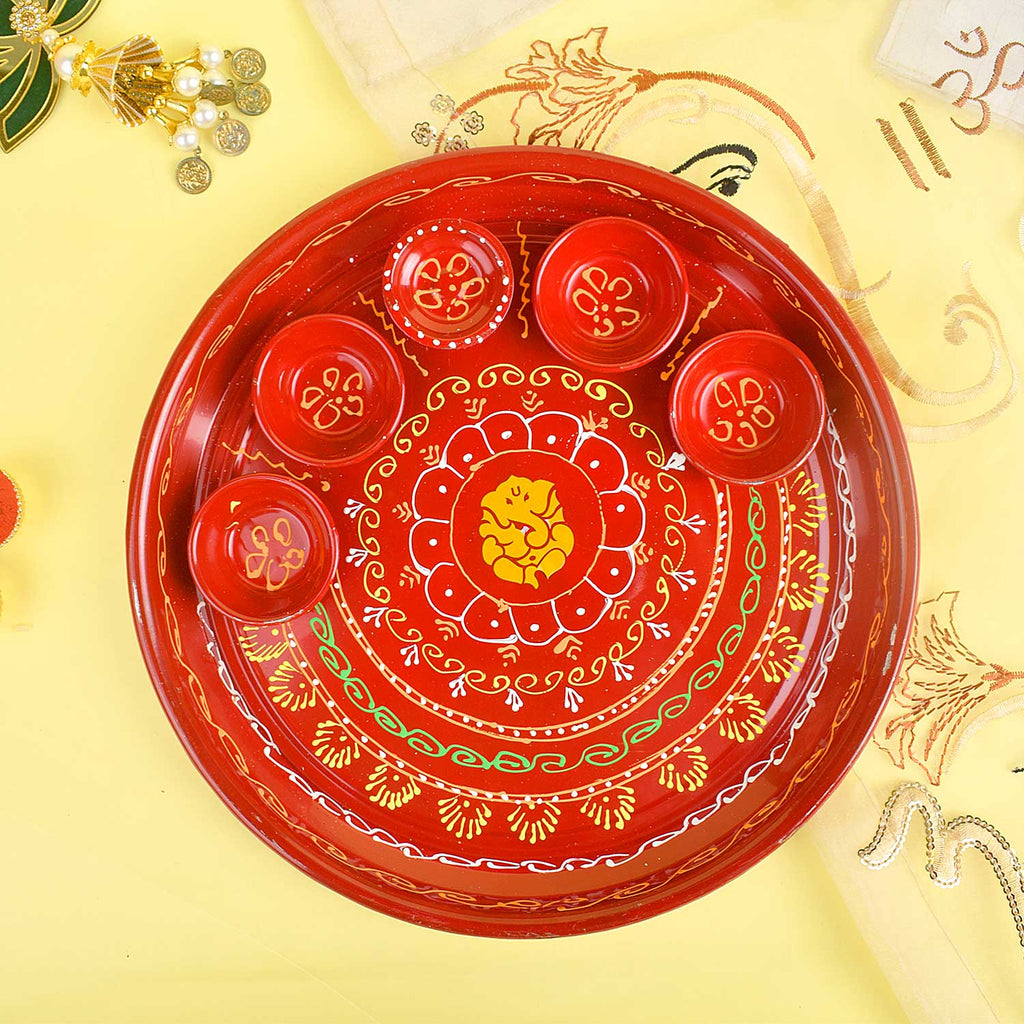 "10 Inch Stainless Steel Aarti Thali Set with Ganpati Design and complete pooja accessories" India’s Largest Pooja Accessories Brand - www.satvikstore.in