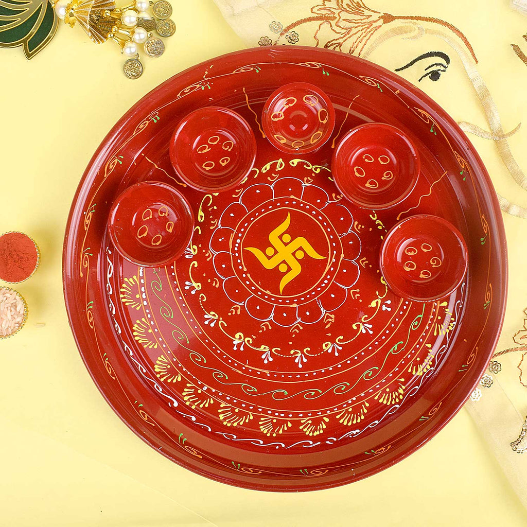 "10 Inch Stainless Steel Aarti Thali Set with Swastik Design and traditional pooja items". India’s Largest Pooja Accessories Brand - www.satvikstore.in
