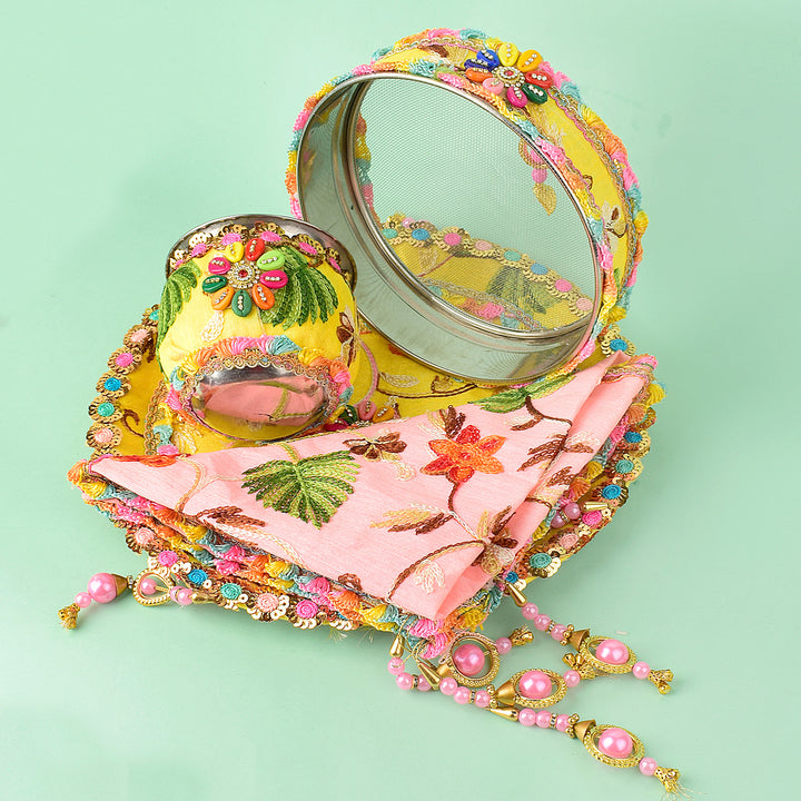 11 Pc Elegant Yellow & Baby Pink Embroidery Karwa Chauth Thali Set with Sieve, Kalash, Cover, and Full Pooja Kit. India’s Largest Pooja Accessories Brand - www.satvikstore.in