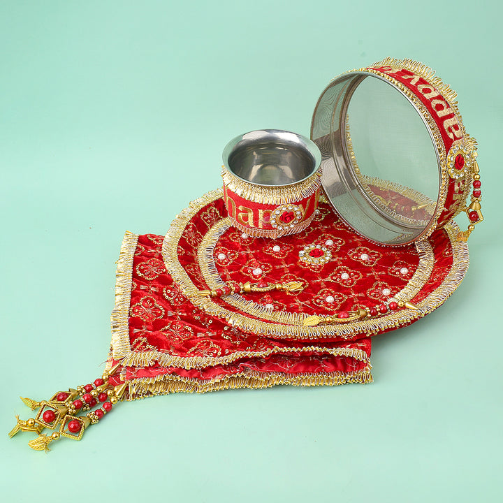 11 Pc Red Embroidery Karwa Chauth Thali Set with Cover, Channi, Kalash, and Full Puja Kit. India’s Largest Pooja Accessories Brand - www.satvikstore.in