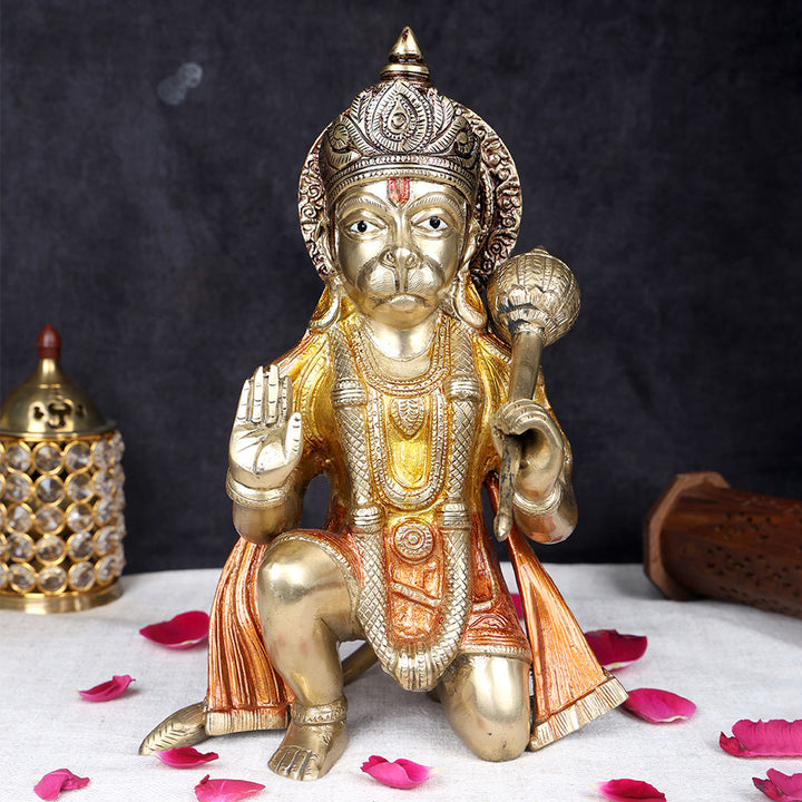 11 inch brass Hanuman idol with gadha symbolizing protection, strength, devotion, and divine blessings for home temple and pooja. No.1 Brass Idol Store www.satvikstore.in 
