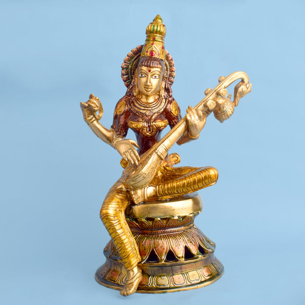 12_Inch_Saraswati_Mata_Brass_Idol_Goddess_Saraswati featuring intricate detailing, perfect for spiritual home decor, temple worship, and devotional gifting. India’s Largest Brass Idols Brand - www.satvikstore.in