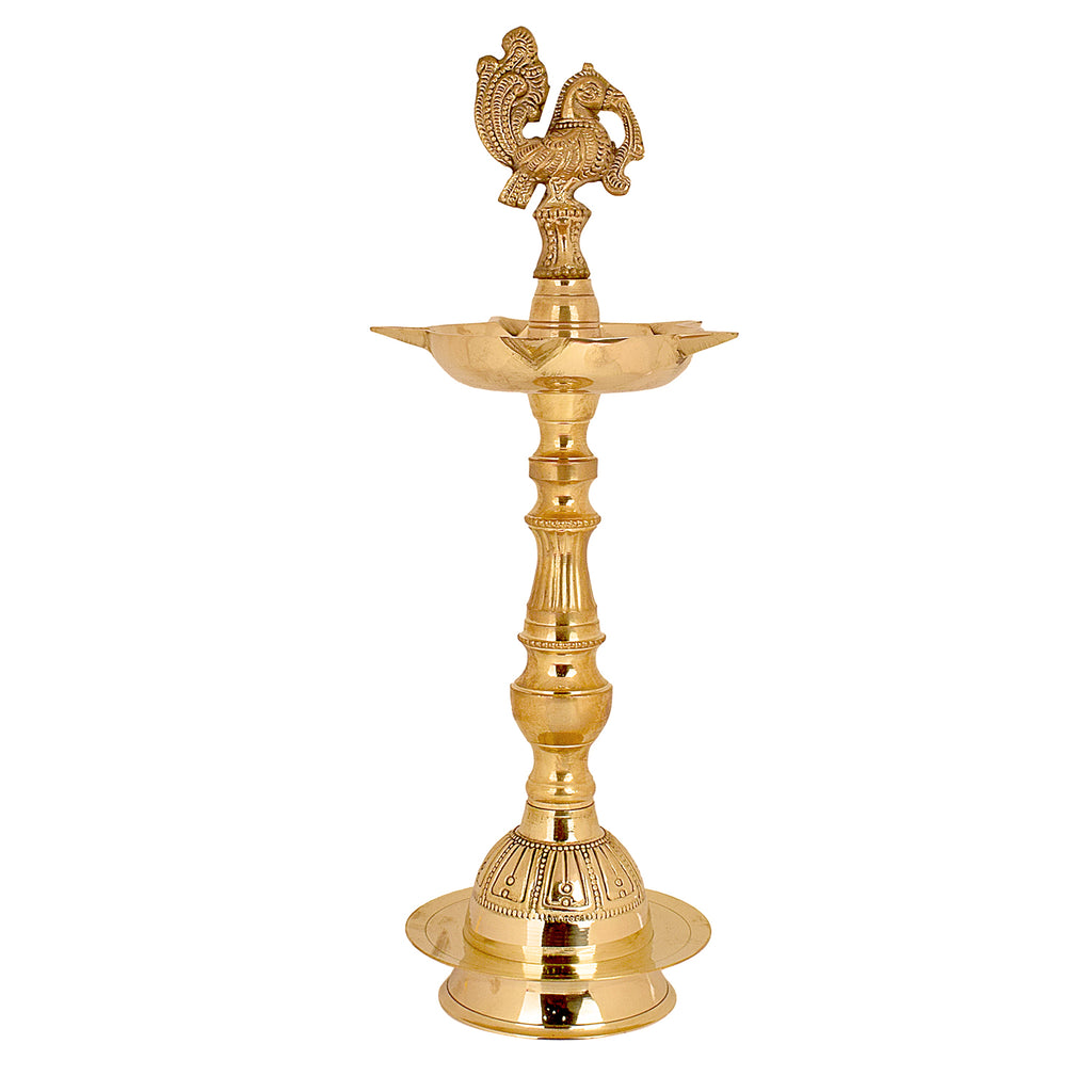 13 Inch Embossed Brass Peacock Kerala Samai Diya – Handcrafted brass diya with an embossed peacock design, perfect for pooja ceremonies, religious rituals, and spiritual occasions. India’s Largest Pooja Accessories Brand – www.satvikstore.in
