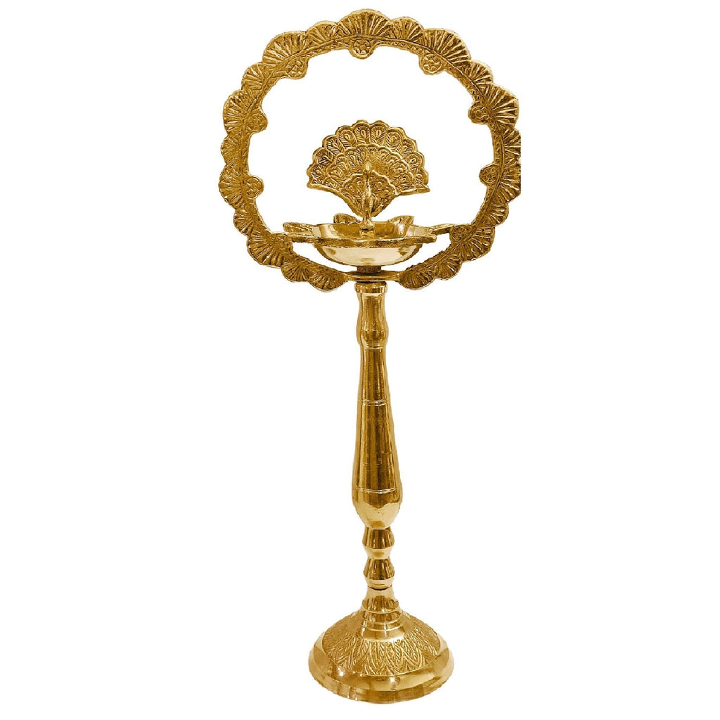 14 Inch Brass Mor Kiran Style Kerala Diya – Traditional handcrafted peacock brass diya in Kiran style for pooja and festive use. India’s Largest Pooja Accessories Brand – www.satvikstore.in