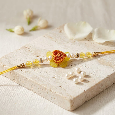 Cute Heart Om and Swastik Yellow Flower Kids Rakhi
