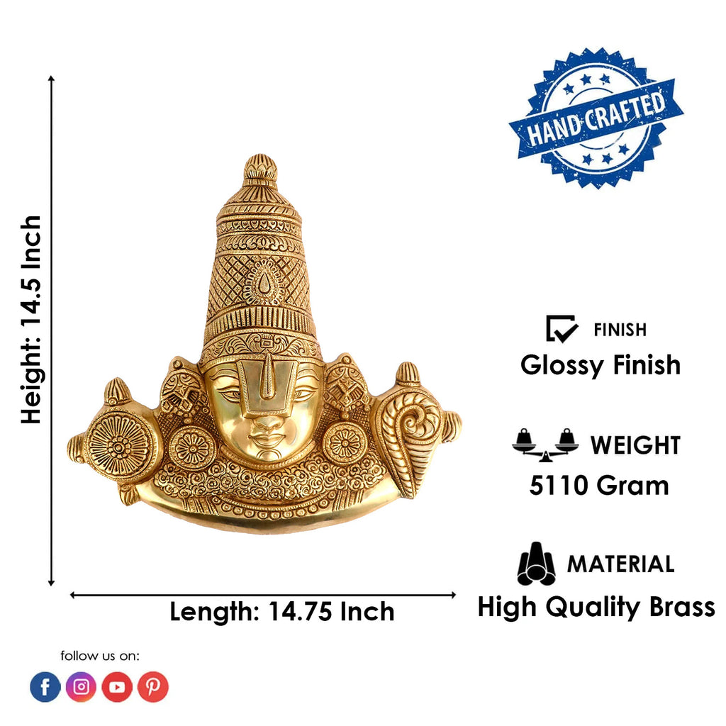 Large Brass Idol of Tirupati Balaji Maharaj Face Wall Hanging for Home & Temple Decor. Murti is a symbol of&nbsp;Strength, Happiness, and&nbsp;positive energy made from Virgin Quality Brass for long-lasting use. Handmade product from the Artisanship of India's Craftsman Using Modern Style. 