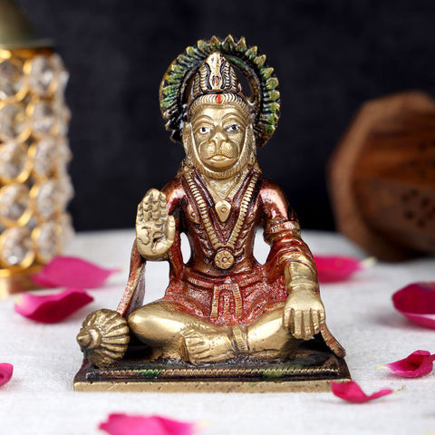 4.3 inch pure brass Hanuman idol for home and pooja, handcrafted Bajrangbali murti for devotion and spiritual protection. No.1 Brass Idol Store www.satvikstore.in 
