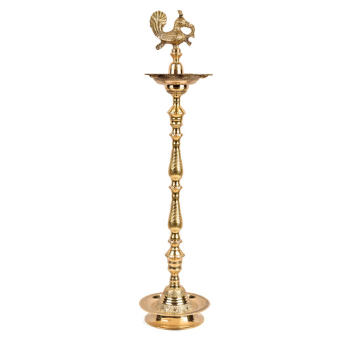 52 Inch Brass Kerala Peacock Samai Deepam Inauguration Lamp – Handcrafted Kerala samai deepam with a detailed peacock design, perfect for grand inaugurations, pooja ceremonies, and religious occasions. India’s Largest Pooja Accessories Brand – www.satvikstore.in

