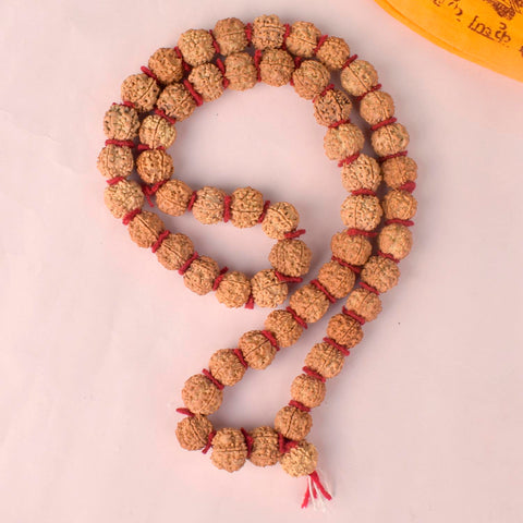 5 Mukhi Semi Pathariya Rudraksha Mala featuring natural five-faced beads, ideal for daily meditation, spiritual balance, and positive energy. India’s Premium Rudraksha Jap Mala Store- www.satvikstore.in