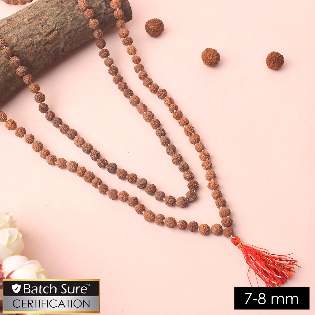 7-8mm 5 Mukhi White Knotted Rudraksha Mala with natural brown beads neatly hand-knotted for daily Jaap, meditation, and spiritual rituals. India’s Premium Jap Mala Store - www.satvikstore.in
