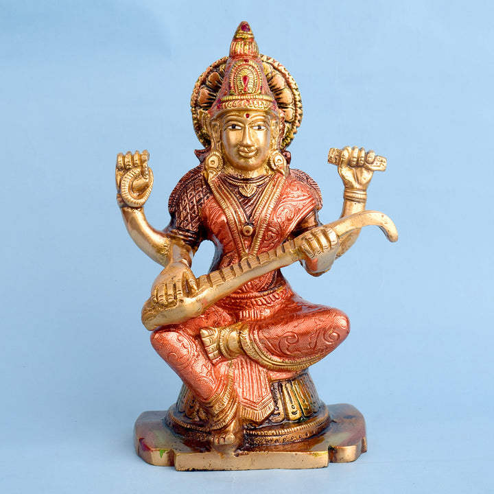 8.7 Inch Goddess Saraswati Mata Idol Brass Statue featuring intricate detailing, perfect for spiritual home decor, temple worship, and devotional gifting. India’s Largest Brass Idols Brand - www.satvikstore.in