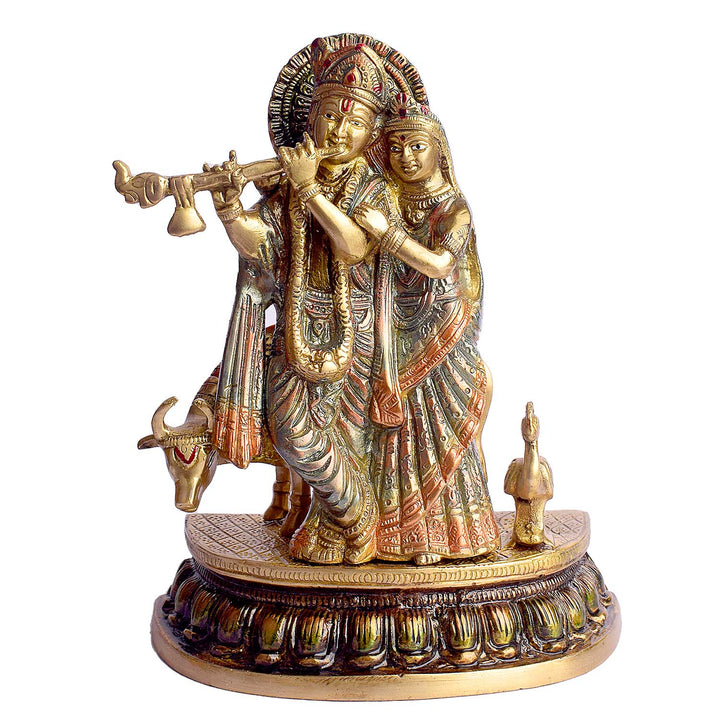 9.3 Inch Radha and Krishna with Cow Brass Statue featuring intricate detailing, perfect for spiritual home decor, temple worship, and devotional gifting. India’s Largest Brass Idols Brand - www.satvikstore.in
