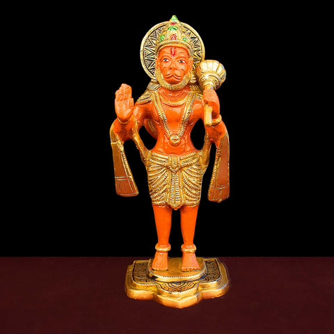 9 Inch Kesari Hanuman Standing Brass Idol with fine detailing, symbolizing strength, devotion, and protection – perfect for pooja room, home temple, or as a spiritual gift. No.1 Brass Idol Store www.satvikstore.in 