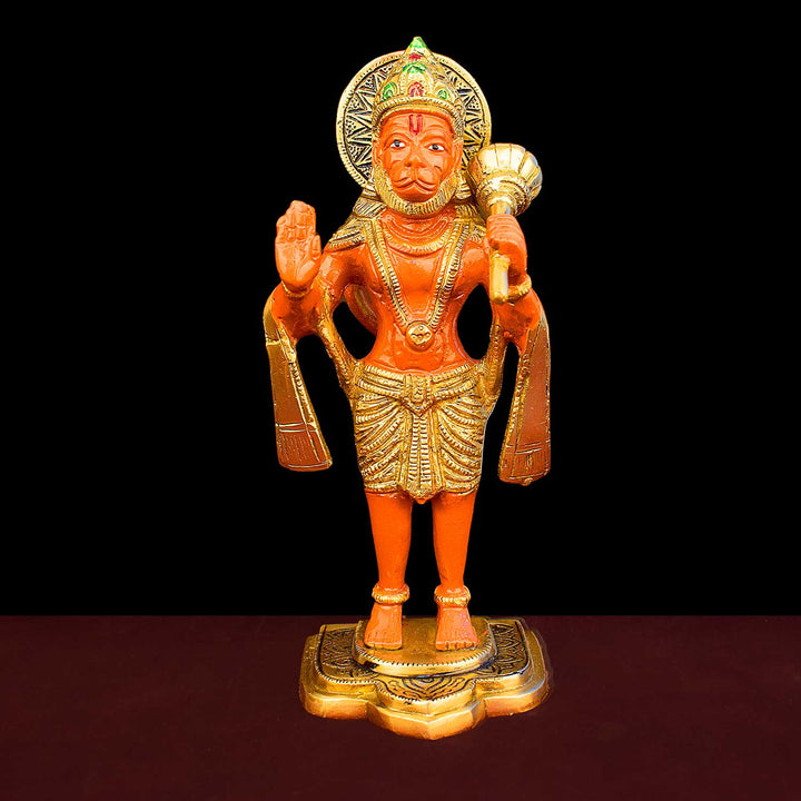 9 Inch Kesari Hanuman Standing Brass Idol with fine detailing, symbolizing strength, devotion, and protection – perfect for pooja room, home temple, or as a spiritual gift. No.1 Brass Idol Store www.satvikstore.in 