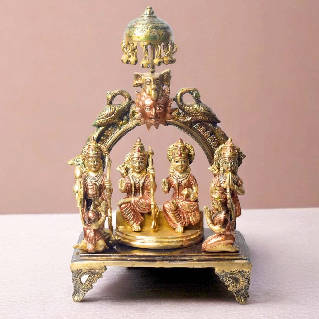 Large Brass Idol of 13.5 Inch Brass Ram Panchyat Idol. Enhance your spiritual space with this beautifully crafted 13.5-inch Brass Ram Panchayat Idol. Featuring the revered figures of Lord Ram, Sita, Lakshman, and Hanuman, this idol beautifully represents the harmony, strength, and devotion of the Ramayan. 