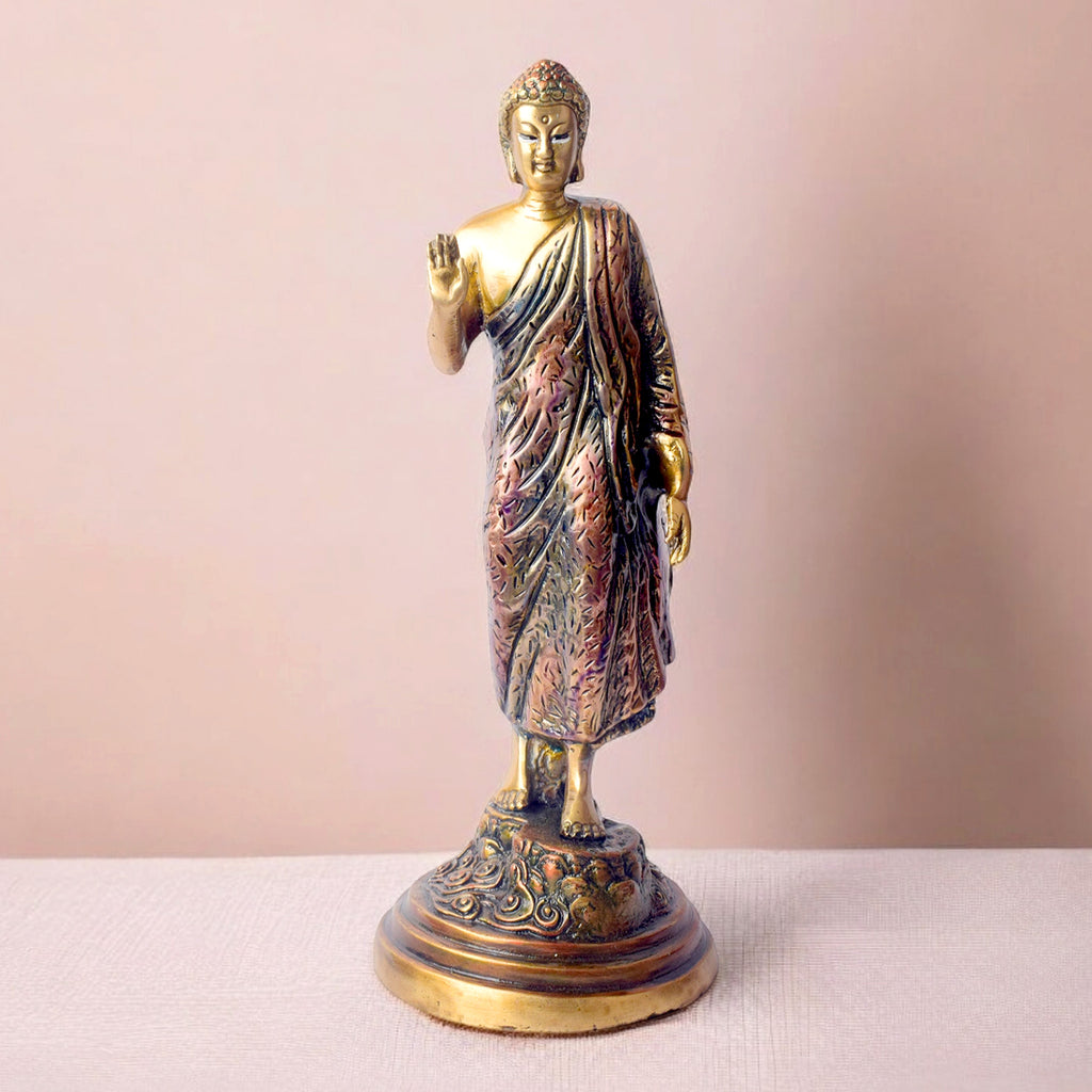  This 10-inch Buddha statue in a standing pose radiates grace and spiritual power. Carefully crafted with fine details, it embodies strength, peace, and enlightenment. The standing pose represents the Buddha’s readiness to guide those on their spiritual journey. 