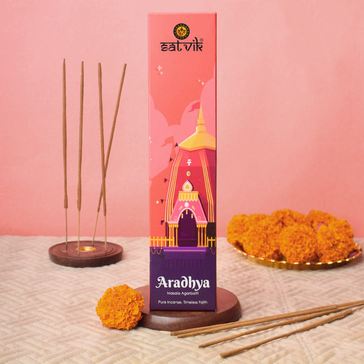 Aradhya Pure Masala Incense Sticks box for meditation, prayer, and relaxation. India’s Largest Pooja Accessories Brand - www.satvikstore.in