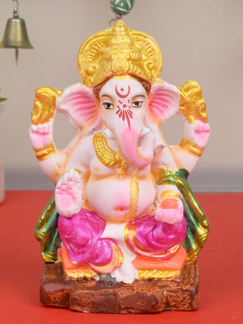Auspicious 6-inch eco-friendly Ganesha idol made of natural clay, hand-painted with eco-safe colors, ideal for home puja and Ganesh Chaturthi celebrations. India’s Largest Pooja Accessories Brand – www.satvikstore.in