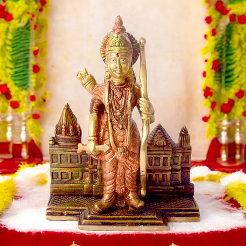 7.2 Inch Victorious Ram Mandir/Temple with Lord Ram – A beautifully crafted brass idol depicting Lord Ram in a powerful stance, symbolizing virtue, strength, and divine protection, perfect for temple or home décor. No.1 Brass Idol Store www.satvikstore.in 
