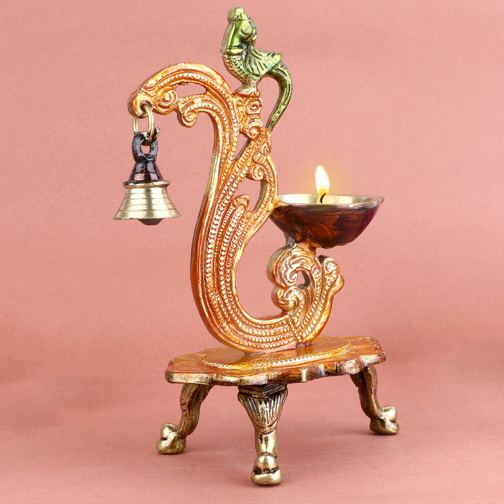 8.1 Inch Beautiful Designer Brass Diya with Hanging Bell, finely crafted for traditional charm and spiritual ambiance – ideal for pooja room, festive décor, and temple rituals. No.1 Brass Idol Store www.satvikstore.in  