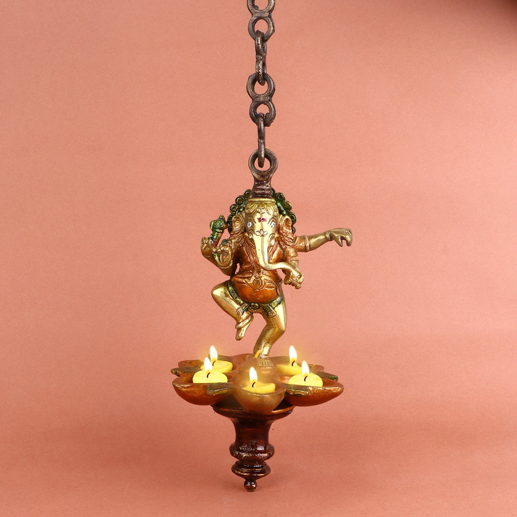 32 Inch Brass Dancing Ganesha Panchmukhi Hanging Diya – Majestic Wall Hanging of Lord Ganesha in a Dancing Pose with Five-Wick (Panchmukhi) Diya, Symbolizing Joy, Wisdom, and Divine Light, Perfect for Home Temple and Festive Decor. No.1 Brass Idol Store www.satvikstore.in 