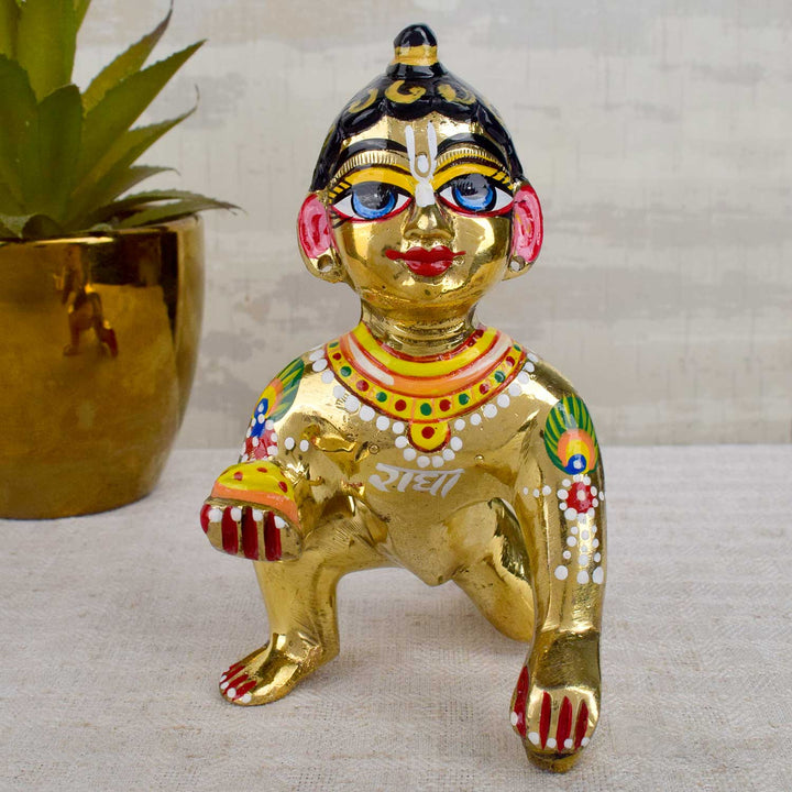 Brass Bal Gopal Idol (Size 6) depicting Laddu Gopal in a playful pose for home temple worship. India’s Largest Pooja Accessories Brand - www.satvikstore.in