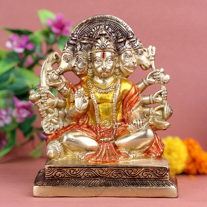 6.3 Inch Bhavya Panchmukhi Hanuman Brass Idol – Exquisite depiction of Lord Hanuman with five divine faces, crafted in pure brass to radiate spiritual energy, strength, and protection for your home or sacred space. No.1 Brass Idol Store www.satvikstore.in 
