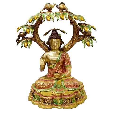 30 Inch Large Brass Buddha Under Mango Tree with Birds Statue