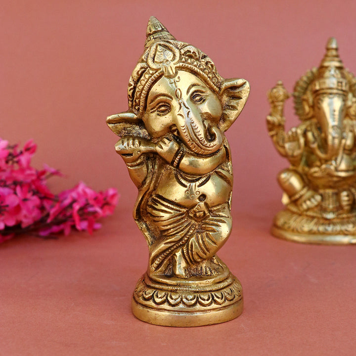 5.6 Inch Brass Cute Baby Ganesha Idol featuring an adorable depiction of Lord Ganesha in baby form. perfect for gifting, home décor, and spiritual blessings No.1 Brass Idol Store www.satvikstore.in 