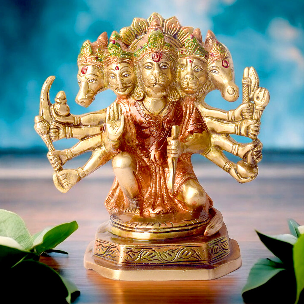 7.1 Inch Elegant Panchmukhi Hanuman Brass Statue depicting Lord Hanuman with five faces, symbolizing strength, devotion, and protection, a perfect addition for spiritual and decorative purposes. No.1 Brass Idol Store www.satvikstore.in 
