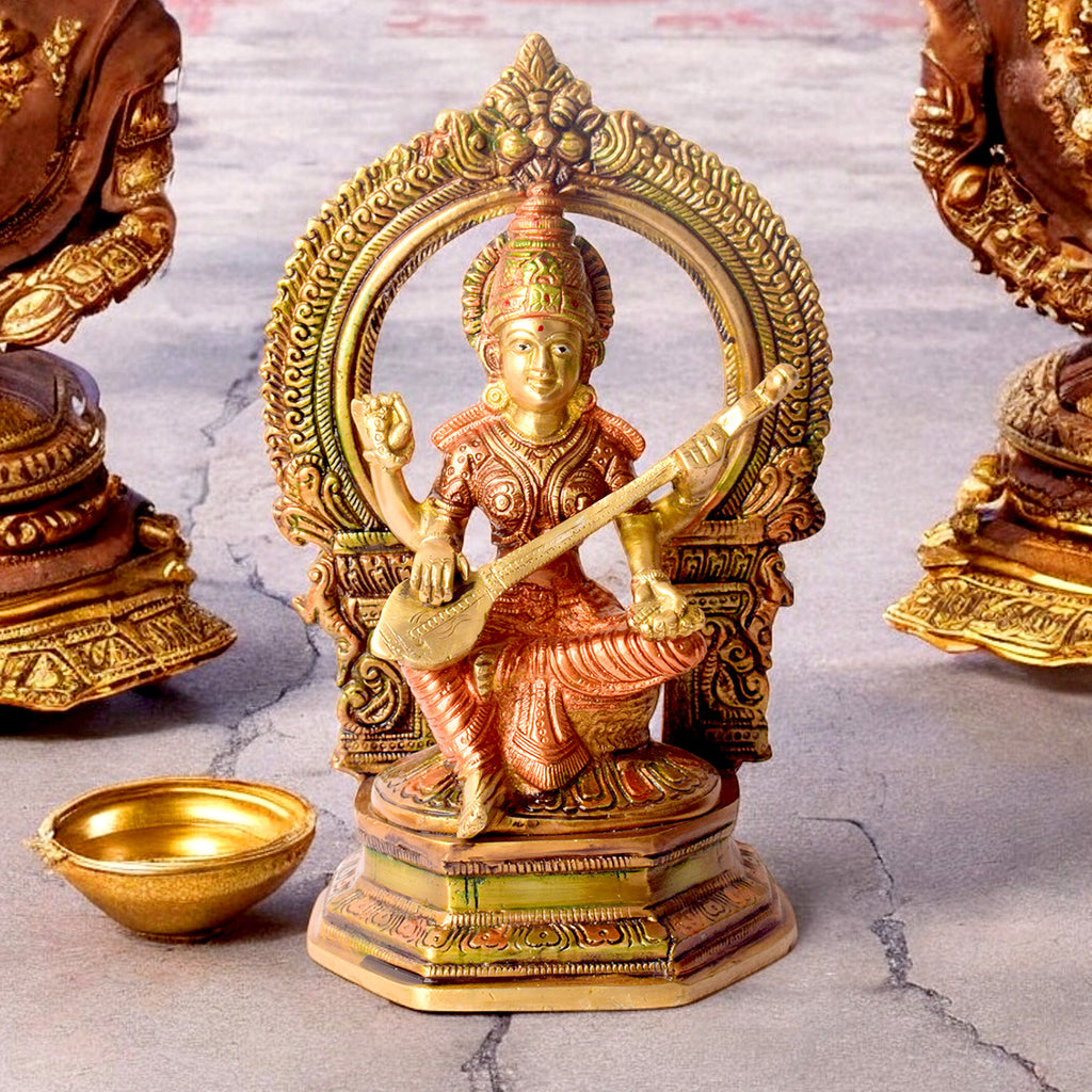 9.2 Inch Brass Goddess Saraswati Statue depicting the deity seated gracefully with veena, symbolizing wisdom, knowledge, and arts, ideal for home temple or study décor. No.1 Brass Idol Store www.satvikstore.in 