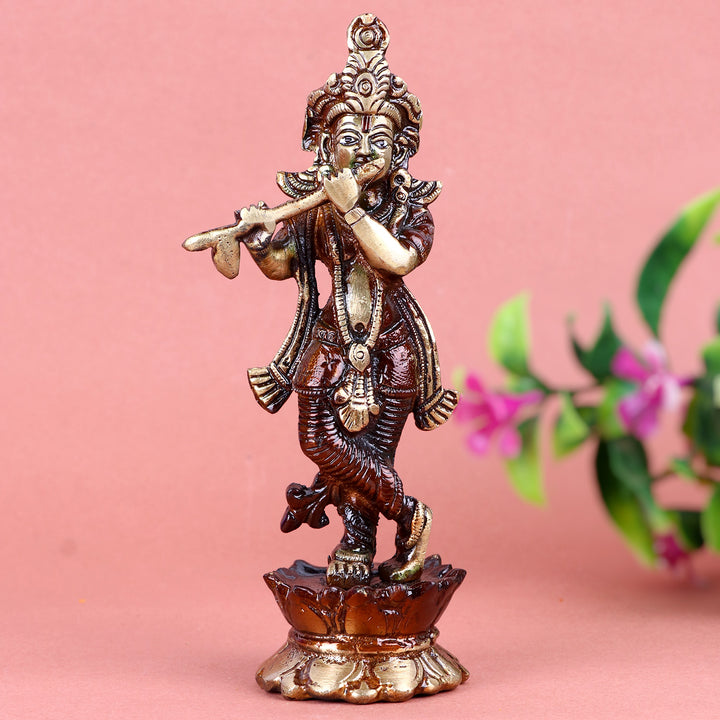 7.2 Inch Brass Krishna Idol with elegant flute-playing posture and fine detailing – perfect for home temple, Janmashtami celebrations, and spiritual décor  No.1 Brass Idol Store www.satvikstore.in 