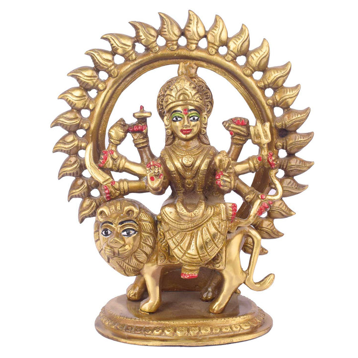 8 Inch Divine Brass Sherawali Mata idol intricately placed in a round frame, symbolizing strength and protection, ideal for home temple or wall décor. No.1 Brass Idol Store www.satvikstore.in 

