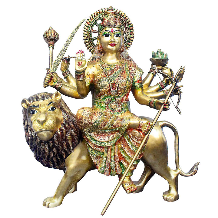 34 Inch Large Brass Sherawali Mata Statue Seated on Lion – Divine Symbol of Strength, Protection, and Devotion for Temple or Home Mandir.India's Largest Puja Accessories Brand - Satvik No. 1 Brass Idol Collection 

