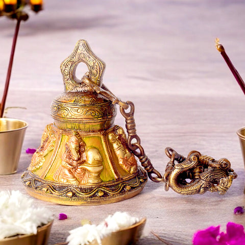 33 Inch Brass Temple Bell (Ghanta) with Embossed Ganesh Ji – Ideal for Mandirs, Temples, and Traditional Spiritual Decor.India's Largest Puja Accessories Brand - Satvik No. 1 Brass Idol Collection  