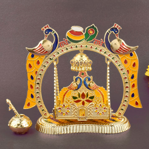 Bright and colorful Laddu Gopal Jhula with traditional design, ideal for Janmashtami celebrations and daily pooja of Bal Gopal idol. India’s Largest Pooja Accessories Brand – www.satvikstore.in