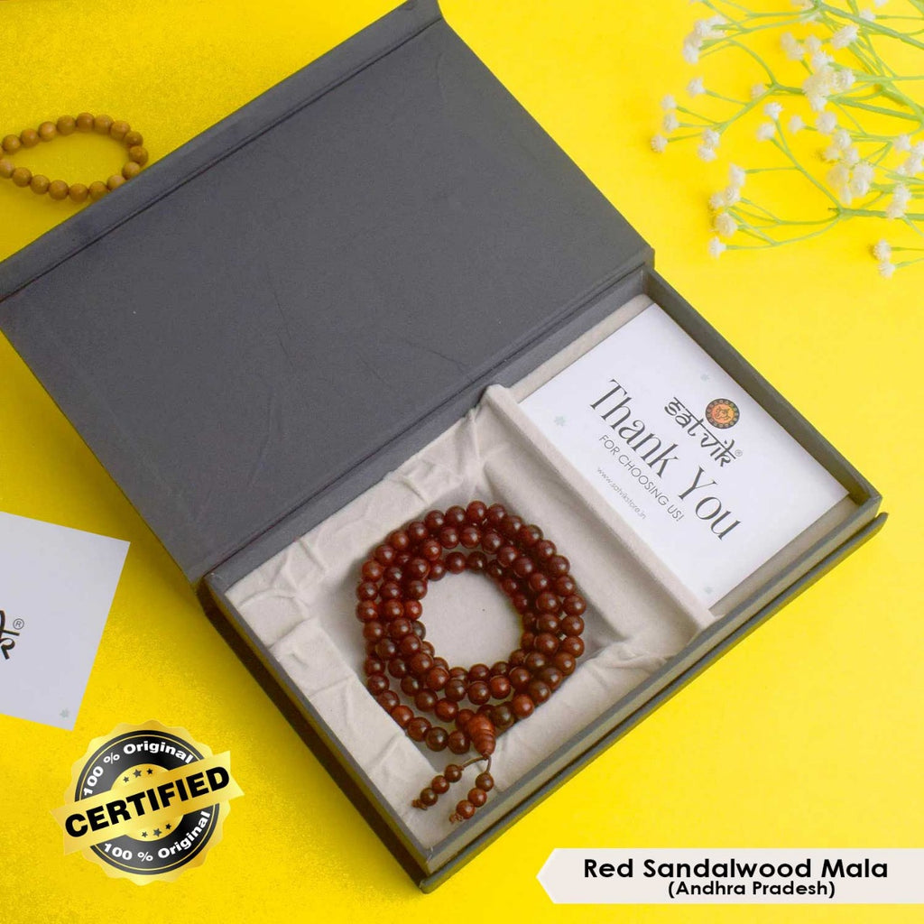 Certified 100% Authentic Pure Red Sandalwood Jap Mala from Andhra Pradesh – Handcrafted Spiritual Prayer Beads for Meditation and Puja. India’s Premium Jap Mala Store - www.satvikstore.in
