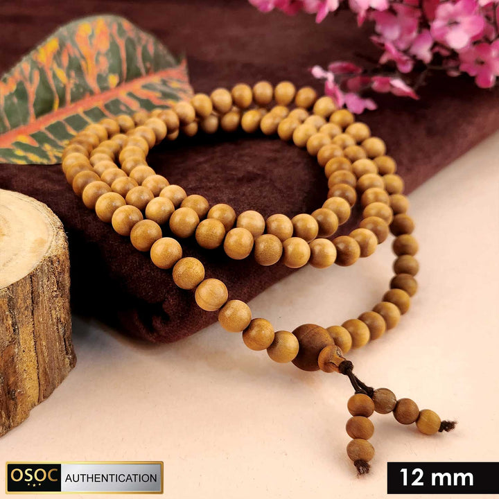 Certified 12mm 100% original authentic Mysore white sandalwood (Chandan) jap mala, handcrafted with large smooth beads for meditation, prayer, and spiritual rituals.India’s Premium Jap Mala Store - www.satvikstore.in