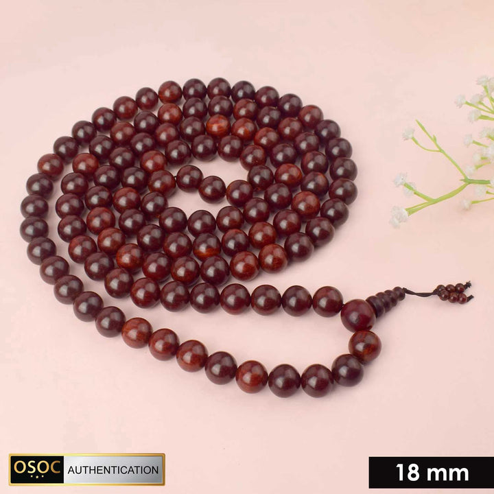 Certified 18mm 100% authentic pure red sandalwood Jap mala from Andhra Pradesh, handcrafted with smooth, polished beads for spiritual and meditative use.India’s Premium Jap Mala Store - www.satvikstore.in
