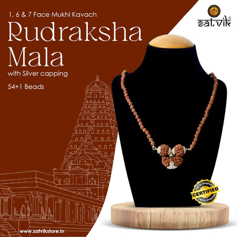 Certified 1, 6 & 7 Face Nepali Rudraksha Mala (Mukhi Kavach Silver Capping)