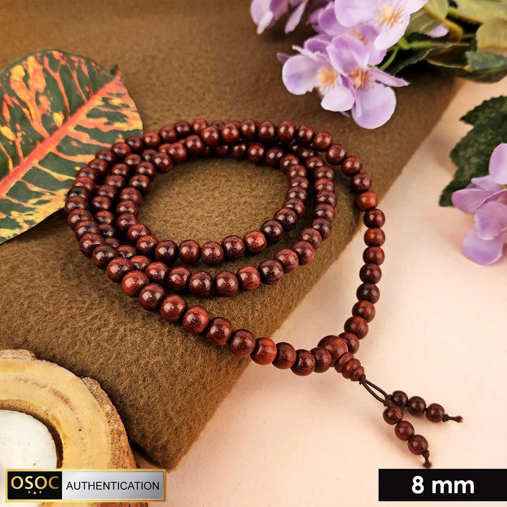Certified 8mm 100% original authentic red sandalwood (Chandan) jap mala from Andhra Pradesh, featuring smooth round beads for meditation and spiritual practices. India’s Premium Jap Mala Store - www.satvikstore.in