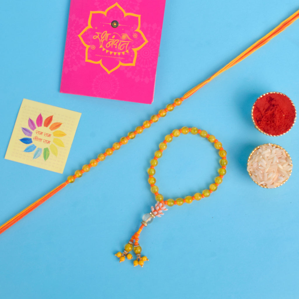 Designer Couple Rakhi Set for Bhaiya and Bhabhi with Roli Chawal and Ram Sita Stickers – Raksha Bandhan Gift Combo. India’s Largest Brass Idols Brand - www.satvikstore.in