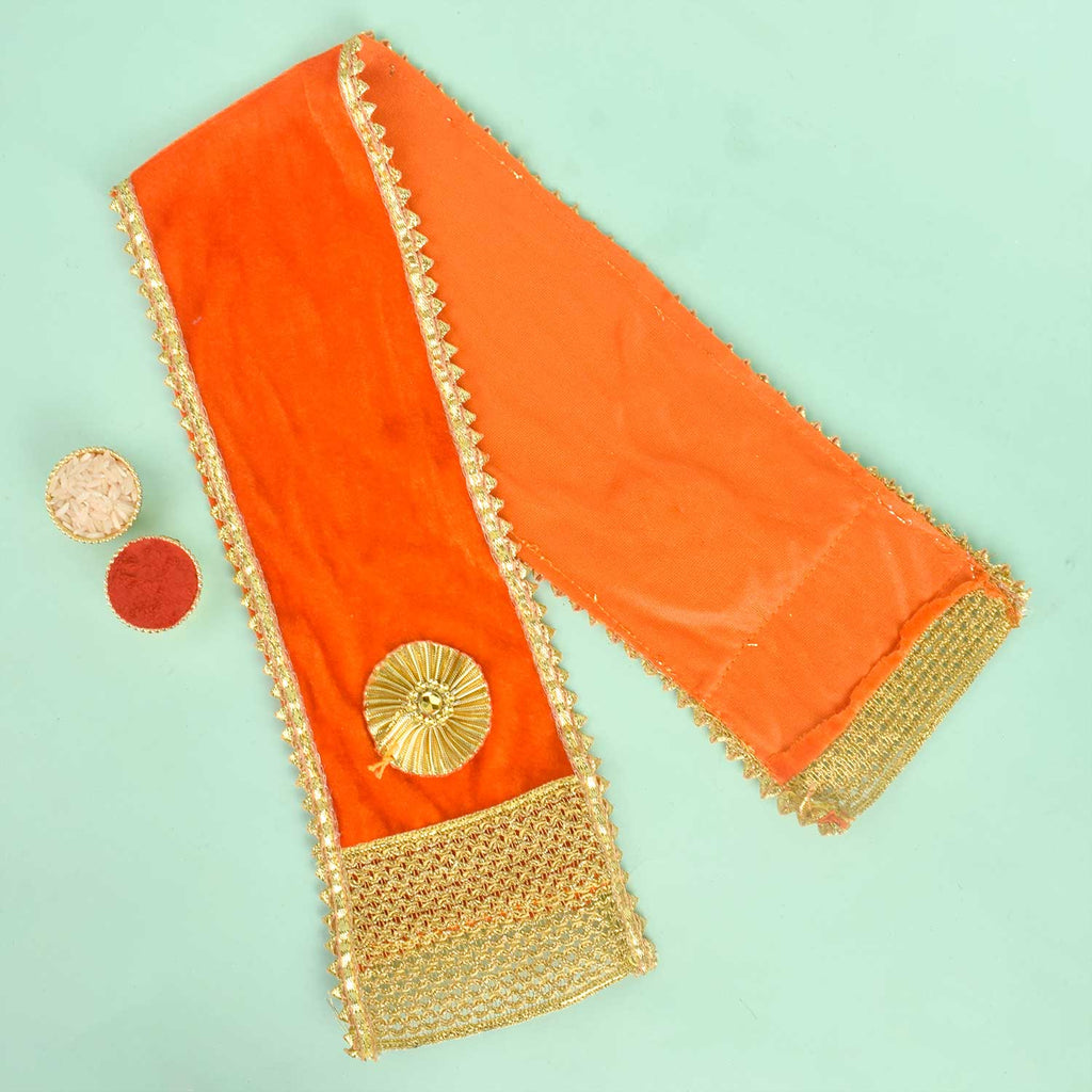 Classic orange Angvastra Patka Dupatta available in 24, 32, and 35 inches, ideal for spiritual rituals, traditional ceremonies, and festive wear. India’s Largest Pooja Accessories Brand – www.satvikstore.in