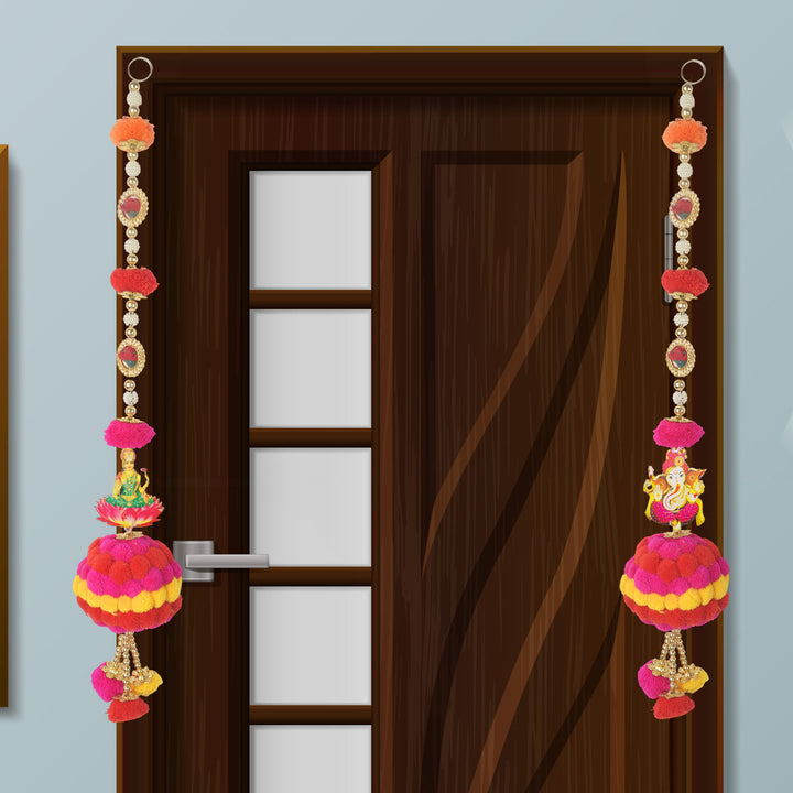 Vibrant Colorful Pom Pom Wall Hanging Pair Featuring Ganesha and Lakshmi for Traditional Festive Home and Pooja Room Decoration. India’s Largest Pooja Accessories Brand – www.satvikstore.in
