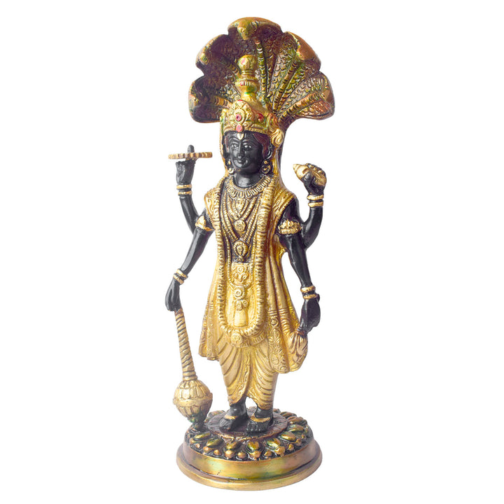  This elegant brass statue of Lord Vishnu seated on the mighty Seshnag is a powerful symbol of divine protection, balance, and cosmic order. The intricate craftsmanship beautifully depicts Lord Vishnu in his serene and majestic form, with the multi-headed Seshnag providing a protective canopy. 