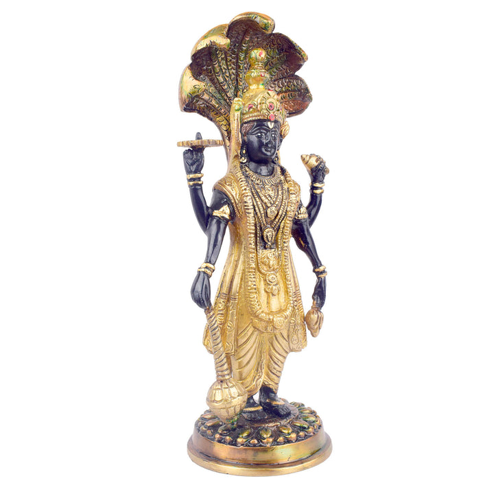  This elegant brass statue of Lord Vishnu seated on the mighty Seshnag is a powerful symbol of divine protection, balance, and cosmic order. The intricate craftsmanship beautifully depicts Lord Vishnu in his serene and majestic form, with the multi-headed Seshnag providing a protective canopy. 