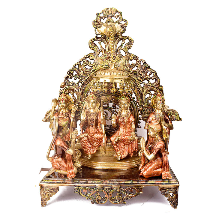 Large Brass Idol of 23 Inch Elegant Brass Ram Darbar Idol. This Elegant Brass Ram Darbar Idol&nbsp;beautifully captures the essence of divinity and royalty. Crafted with intricate detailing, it showcases Lord Ram in a regal pose, symbolizing strength, devotion, and grace. 