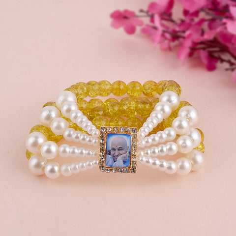 Crystal Yellow Beads Four Layer & White Pearl Bracelet with Jai Guruji Swaroop