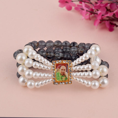 Crystal Grey Beads Four Layer & White Pearl Bracelet with Jai Guruji Swaroop